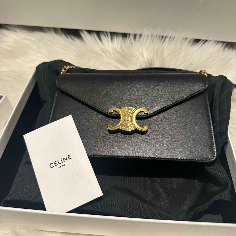 Celine Black Leather Crossbody in Shiny Calfskin with Gold Triomphe Clasp